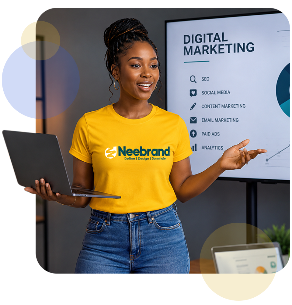 A girl in a boardroom explaining a digital marketing concept holding a laptop in one hand while explaining with the other.